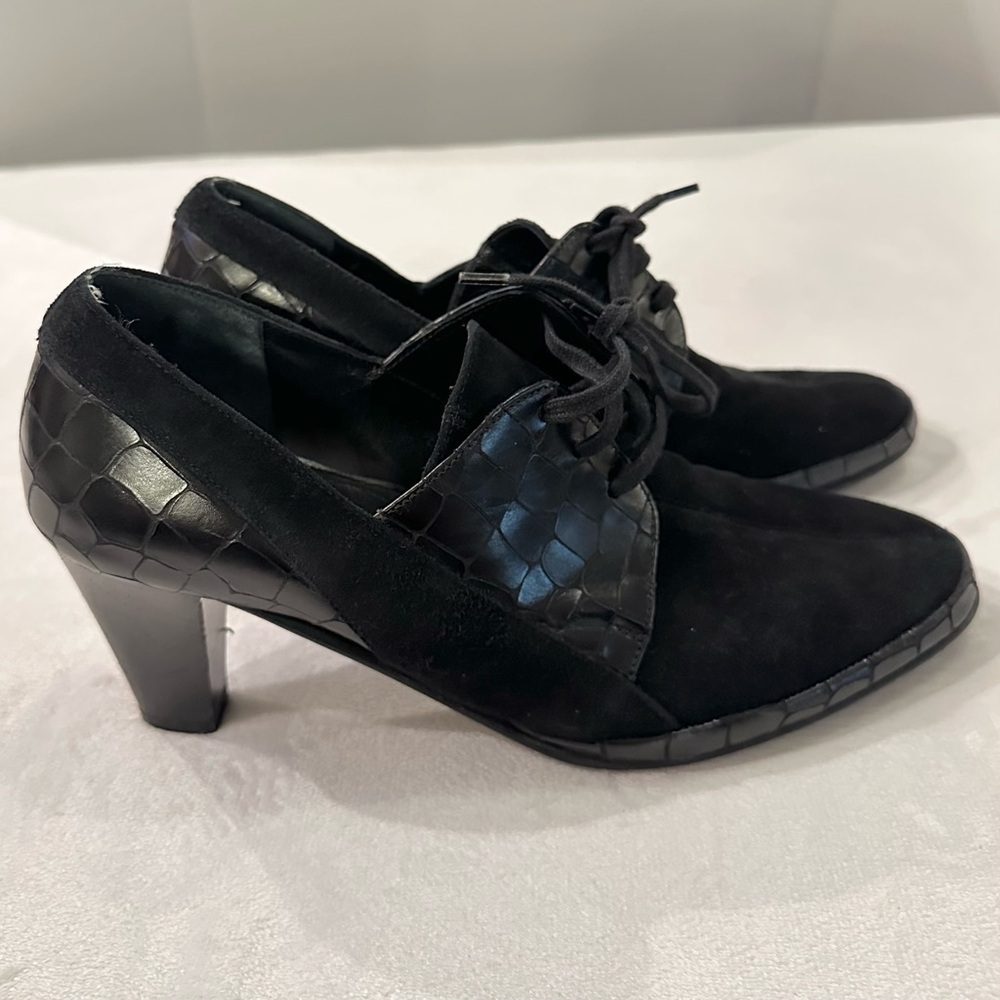 Amalfi Rangoni Women Oxford Heel Booties Croc Embossed Leather Lace Up black 9